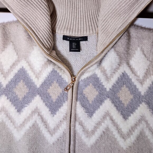 Tahari Women's Beige-White-Gray Patterned Zippered Sweater (Size Small) - Picture 4 of 10